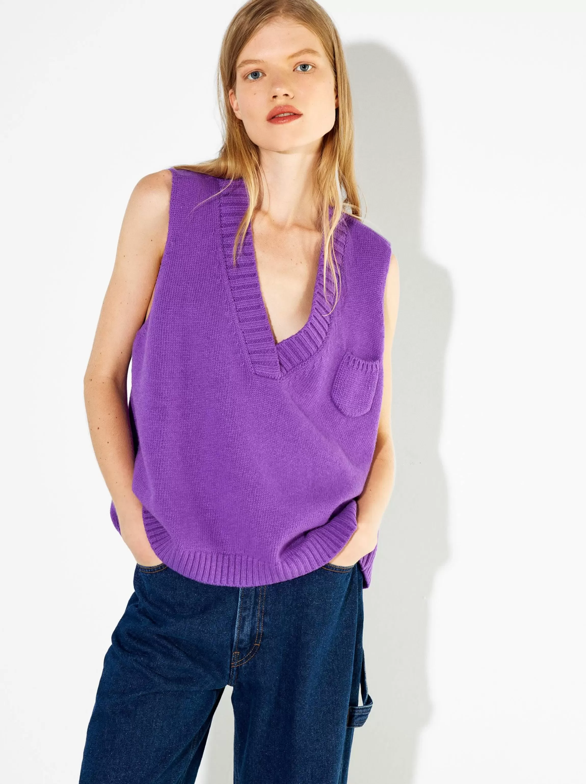 Mujer PARFOIS Básicos | Tops y Camisetas | Chaleco*Chaleco De Punto Con Cuello De Pico Violeta