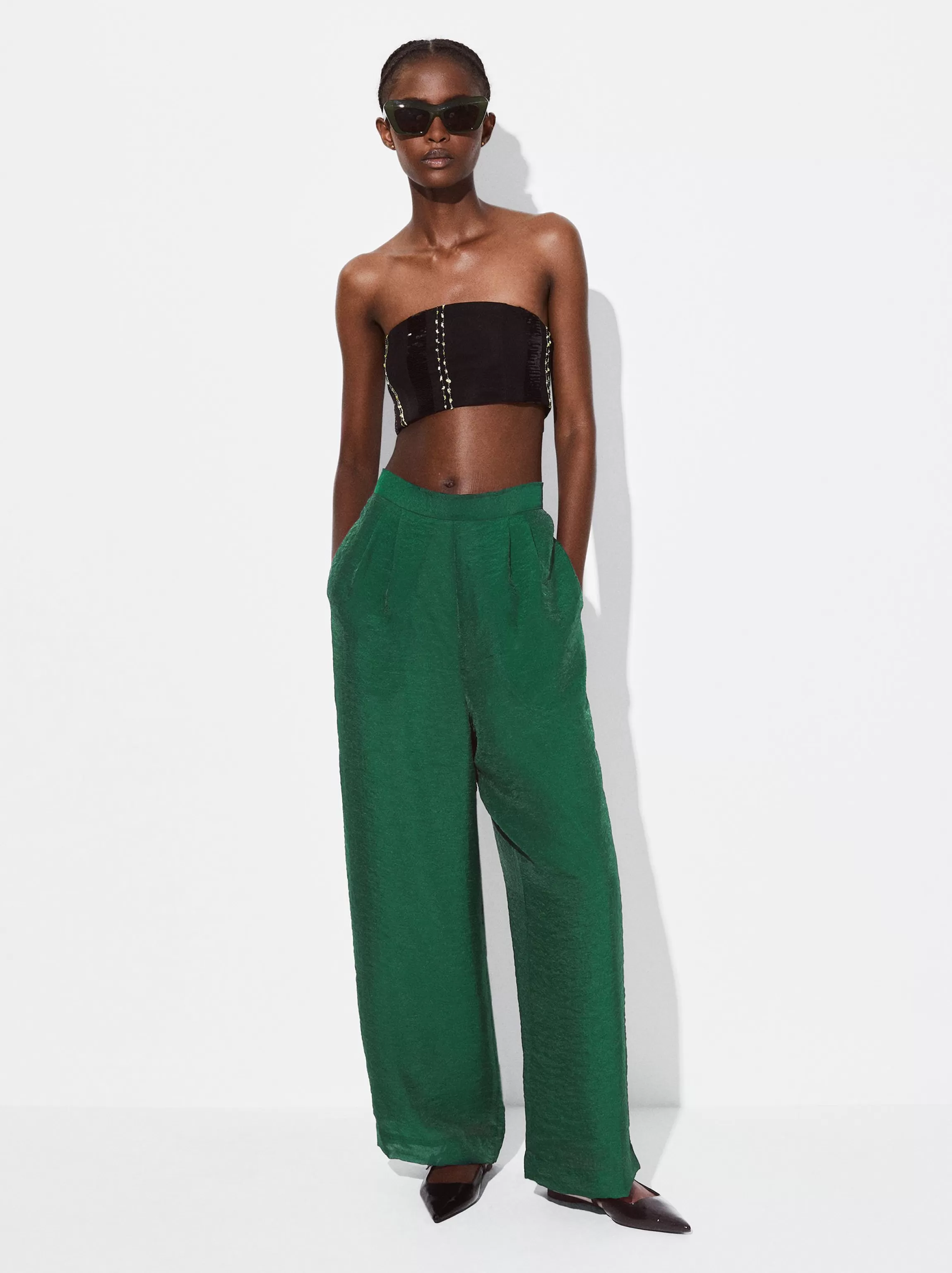 Mujer PARFOIS Pantalones*Pantalón Wide Leg De Tejido Brillante Verde