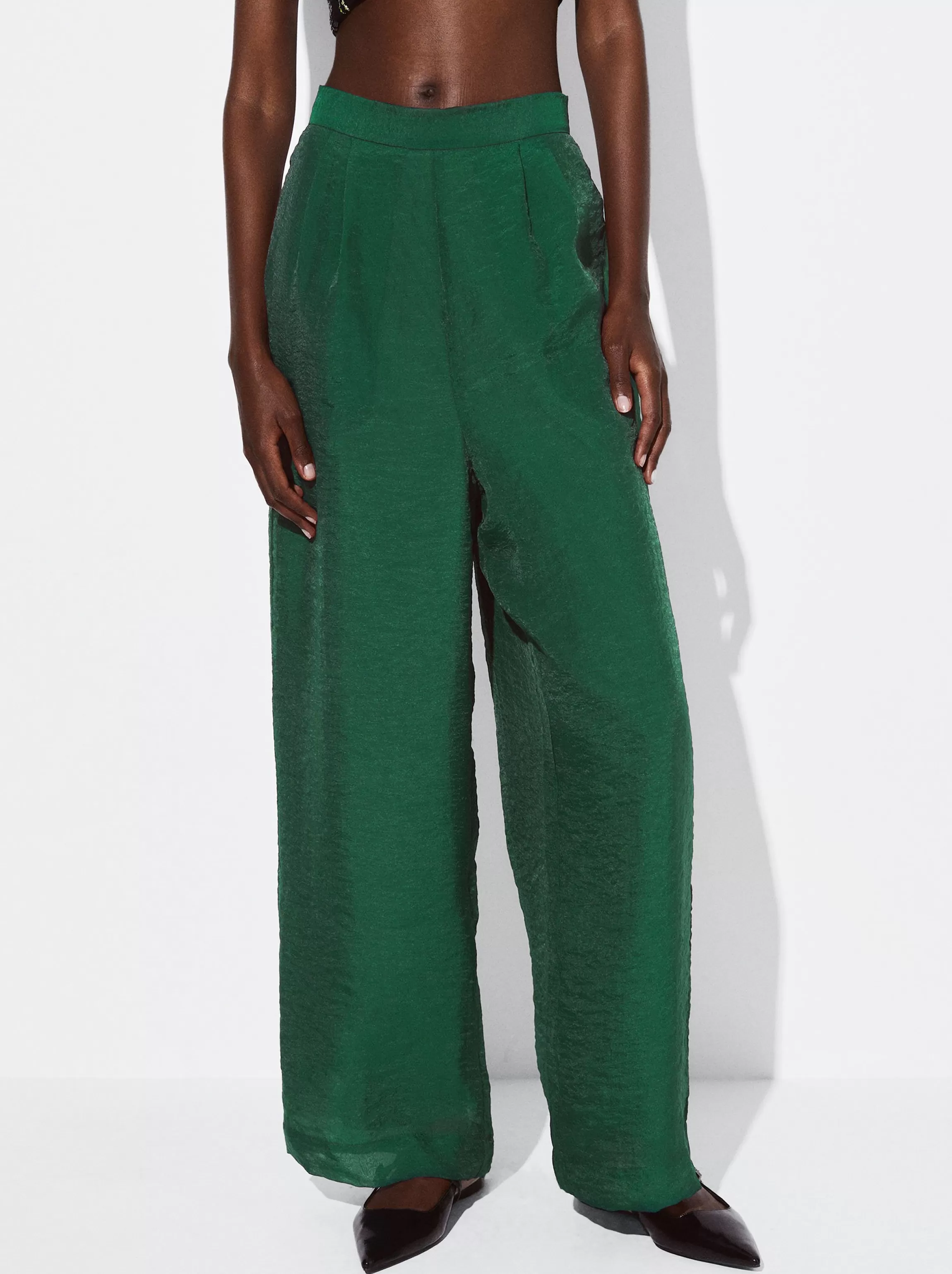 Mujer PARFOIS Pantalones*Pantalón Wide Leg De Tejido Brillante Verde